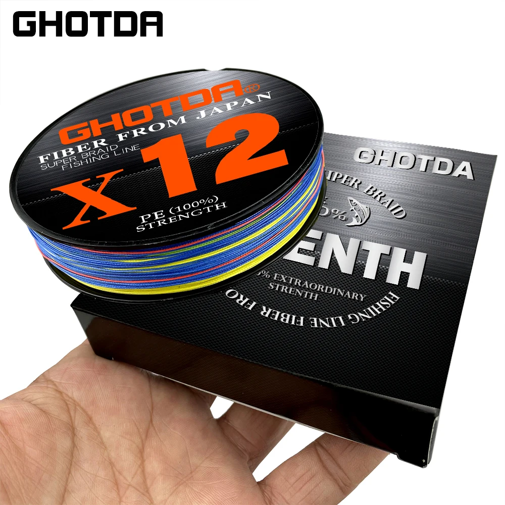 Ghotda Hot Sale Multifilament Woven Fishing Line X12 PE Braid Flat And Abrasion resistance  Cord 100-500M