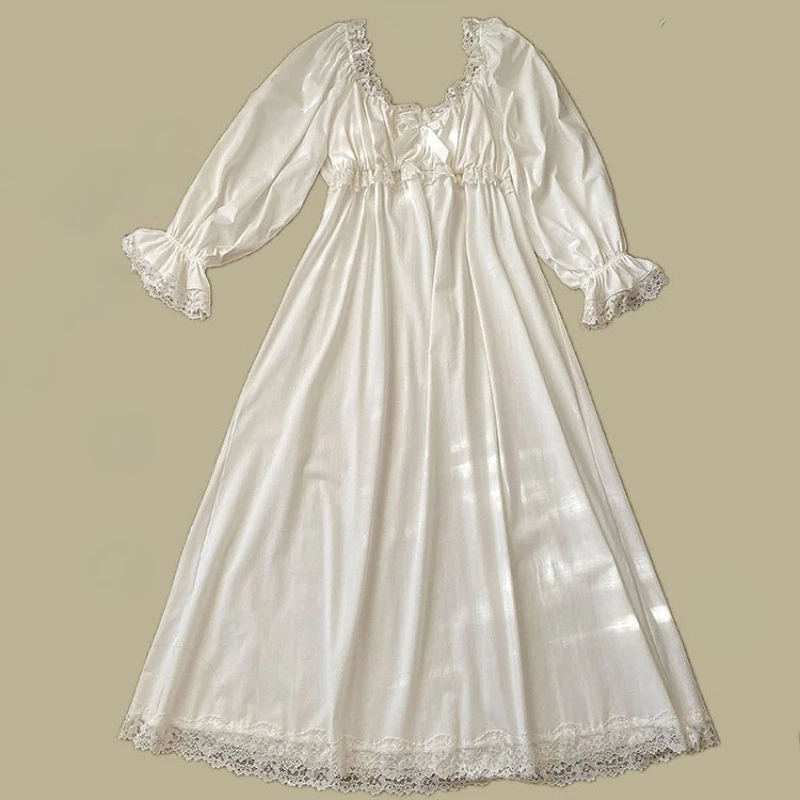 Victorian Cotton Night Dress Women Autumn White Long Peignoir Vintage Romantic Nightgowns Padded Sexy Nightie Princess Sleepwear