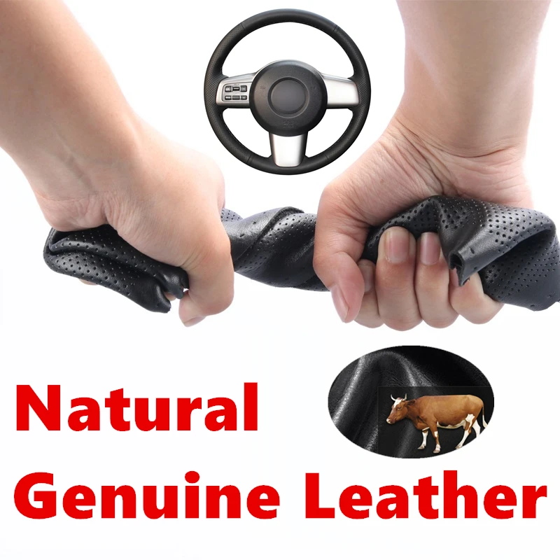 

Hand stitched Black Genuine Calfskin Leather Car Steering Wheel Cover Wrap for Mazda 2 2008 2009 2010 2011 2012 2013 2014