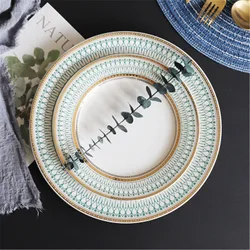 Bone China Dinner Plate Ceramic Tableware Set Black Line Decoration Western Food Tray Circular Golden Edge Salad Dish Porcelana