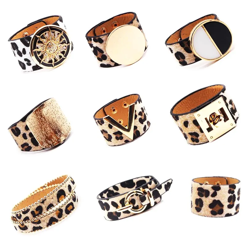 Fashion Leopard Leather Bracelet For Women Simple All-Match V Word Wide Charm Cuff Wrap Bracelet Femme Wristband Jewelry