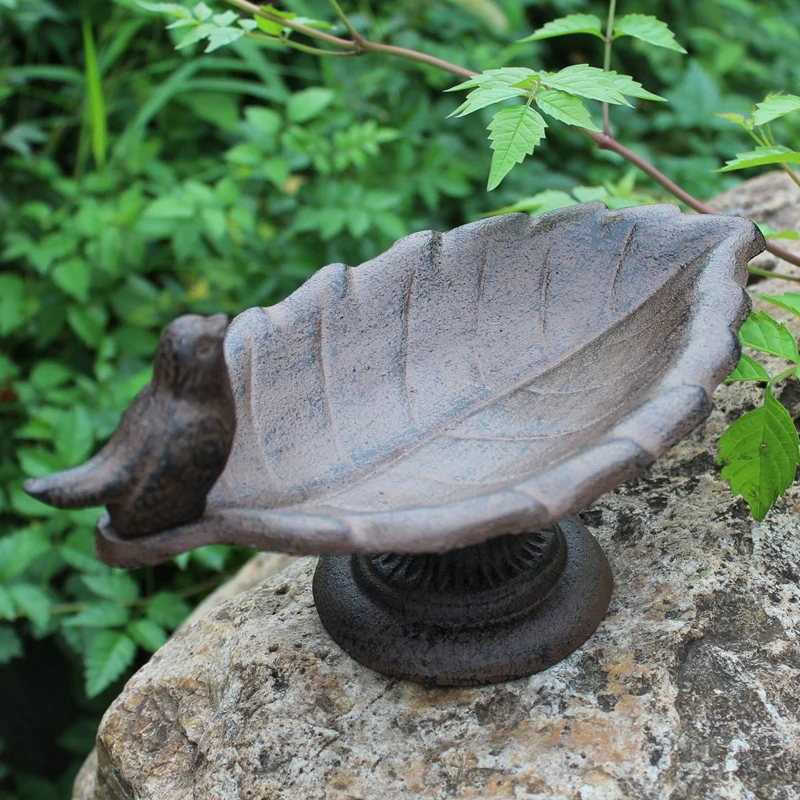 Antique Rustic Leaf Cast Iron Bird Feeder With Round Base Farm House Accents Handmade Heavy Metal Storage Bowl Footed Leaf Plate