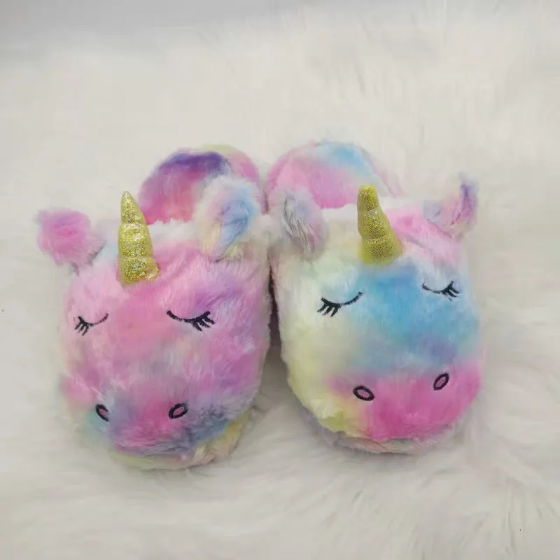 Women Cartoon Unicorn Winter Home Slippers Cute Plush Fluffy House Slides Girls Furry Flip Flop Fur Slides Cotton Indoor Shoes