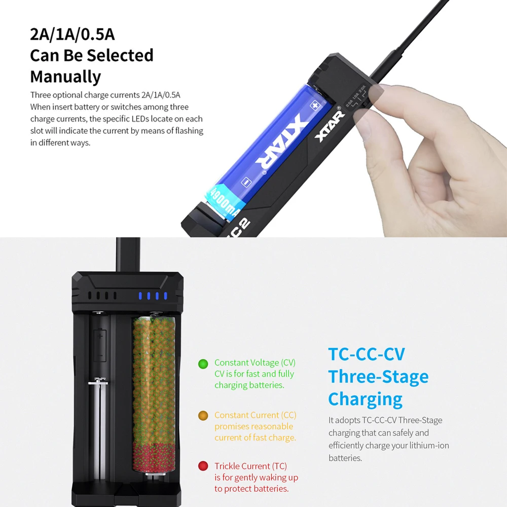 XTAR FC2 Charger Charging 1.2V AAAA AAA AA C SC Rechargeable Li-ion Batteries 18350 18500 18700  21700 18650 Battery Charger