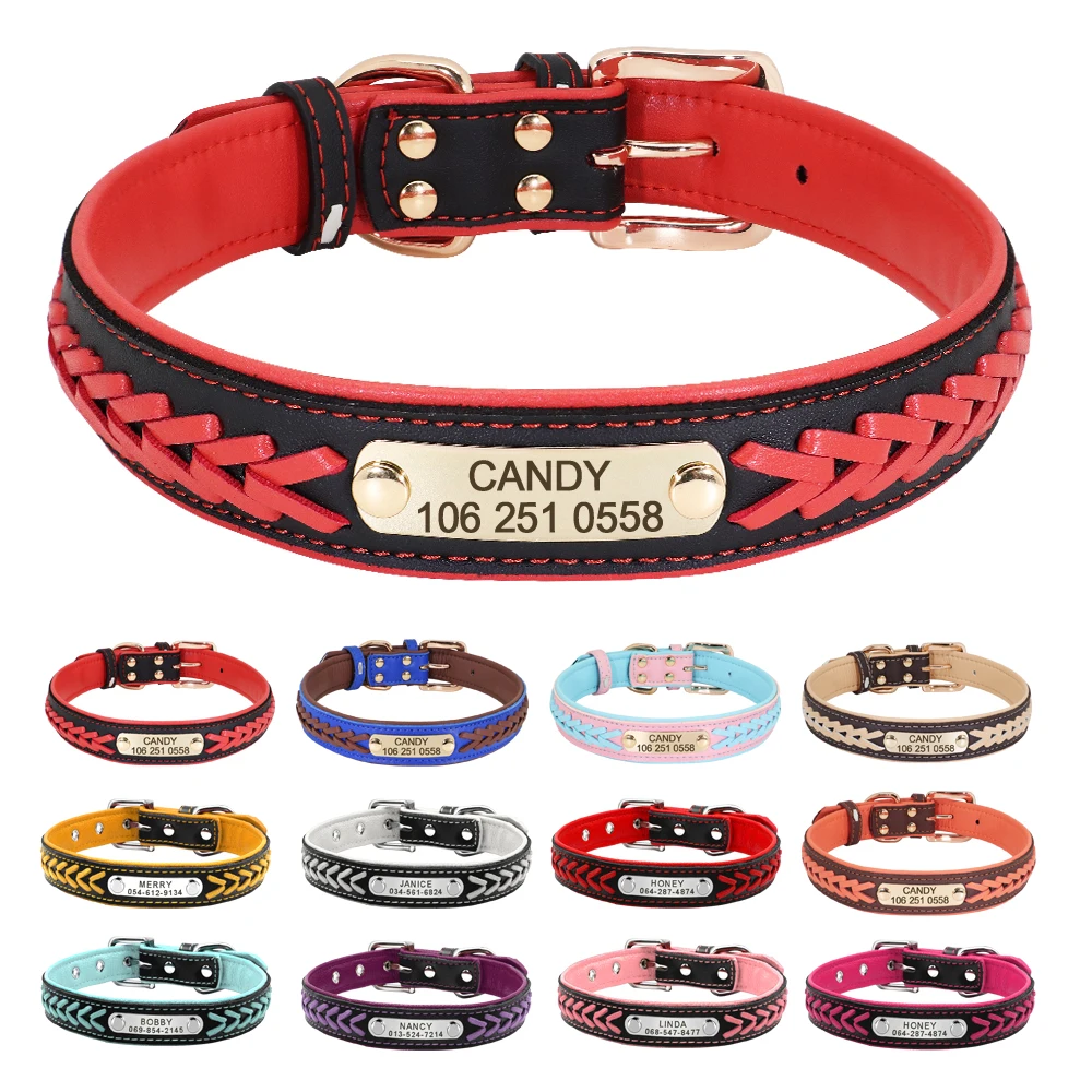 Personalized Dog Collar Leather Padded Dogs Braided Collars Free Engraving Pet ID Tag Nameplate for Small Medium Large Dogs