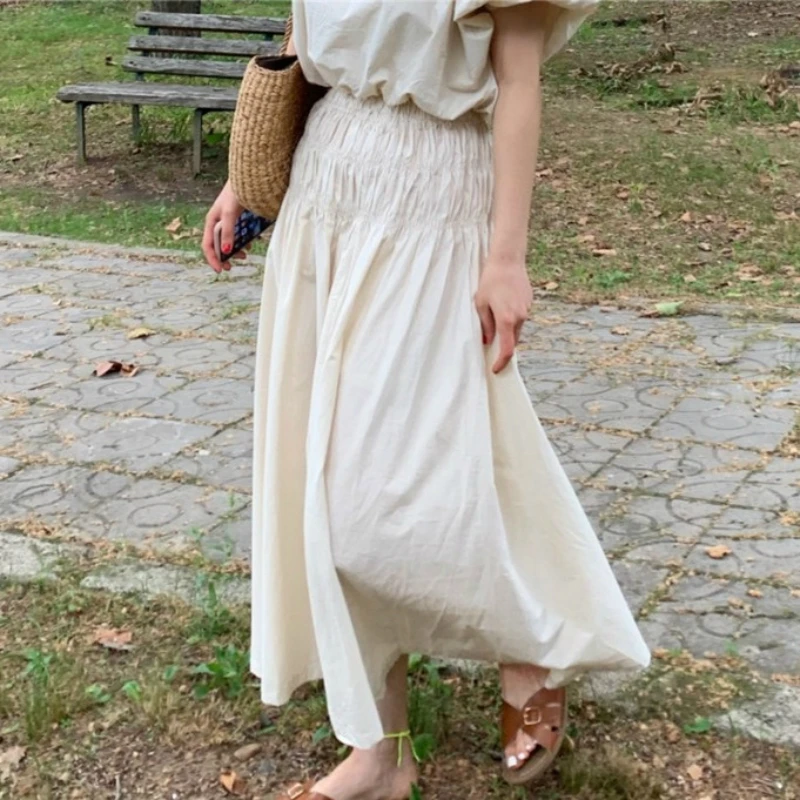 2024 New Women Summer Vintage 2 Two Pieces Skirt Set Puff Sleeve Crop Top with Elastic High Waist Long Skirts