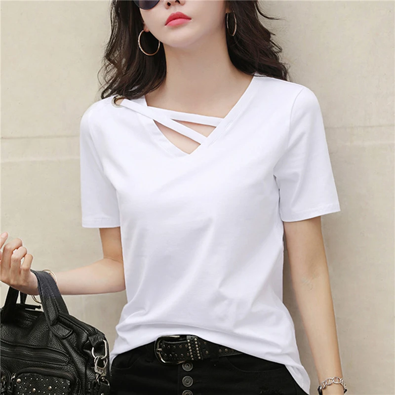 2023 Women Summer V-neck Loose Short Sleeve White T-shirt Women Korean Solid Color Tops Casual Compassionate Trend T Shirt