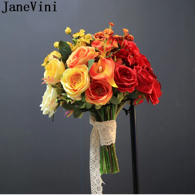 JaneVini Gradient Color Yellow Orange Red Wedding Flower Bridal Bouquet Artificial Silk Calla Lily Bruid Bride Rose Bouquet 2021