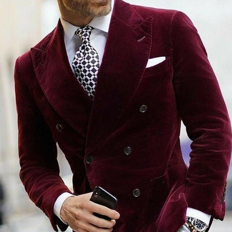 Burgundy Double Breasted Velvet Men Blazer Elegant Single Coat Smoking Male Suit Dinner Jacket with Big Peaked Lapel Costume