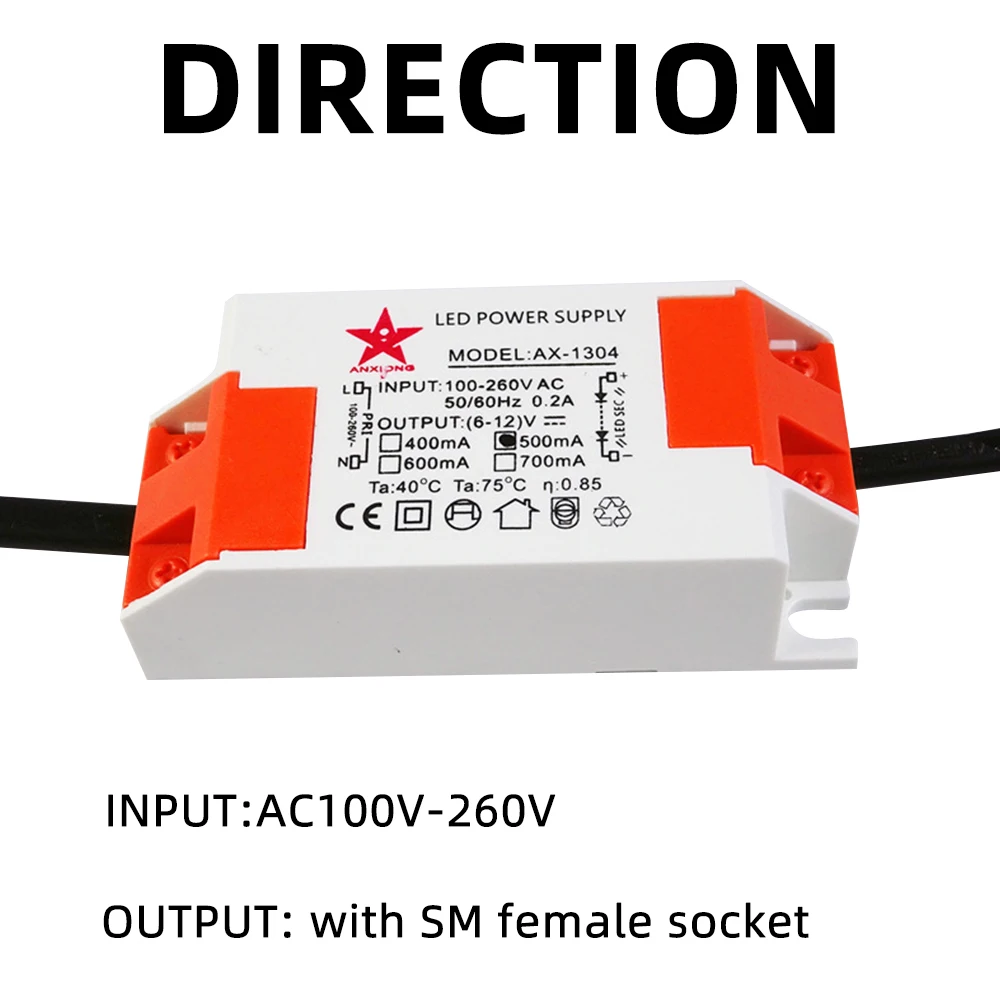 AC100-260V LED Power Supply 250mA 350mA 500mA 720mA 1050mA Constant Current LED Driver with SM Female Socket For CREE COB Chip