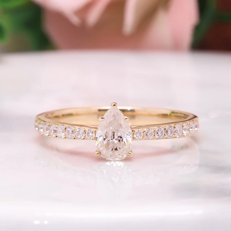 0.75 ctw DE Color Pear Cut Moissanite Engagement Ring Real 14k Yellow Gold Fine Ring for Women