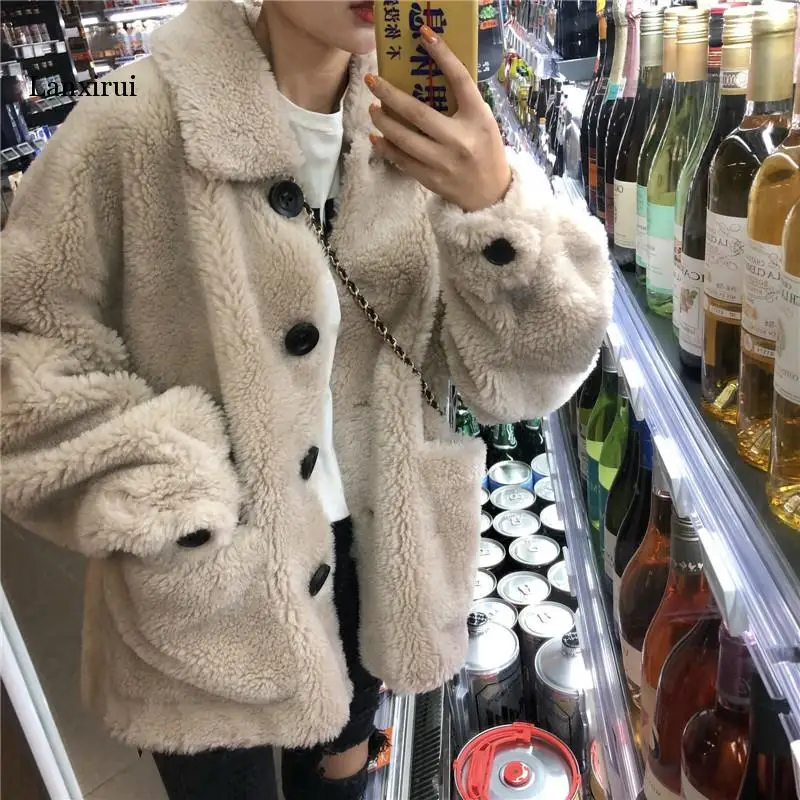 

High quality Women Autumn Winter New fashion faux fur coat Korea clothing Thicken Plush Tops jacket Long sleeve Fur coat 857