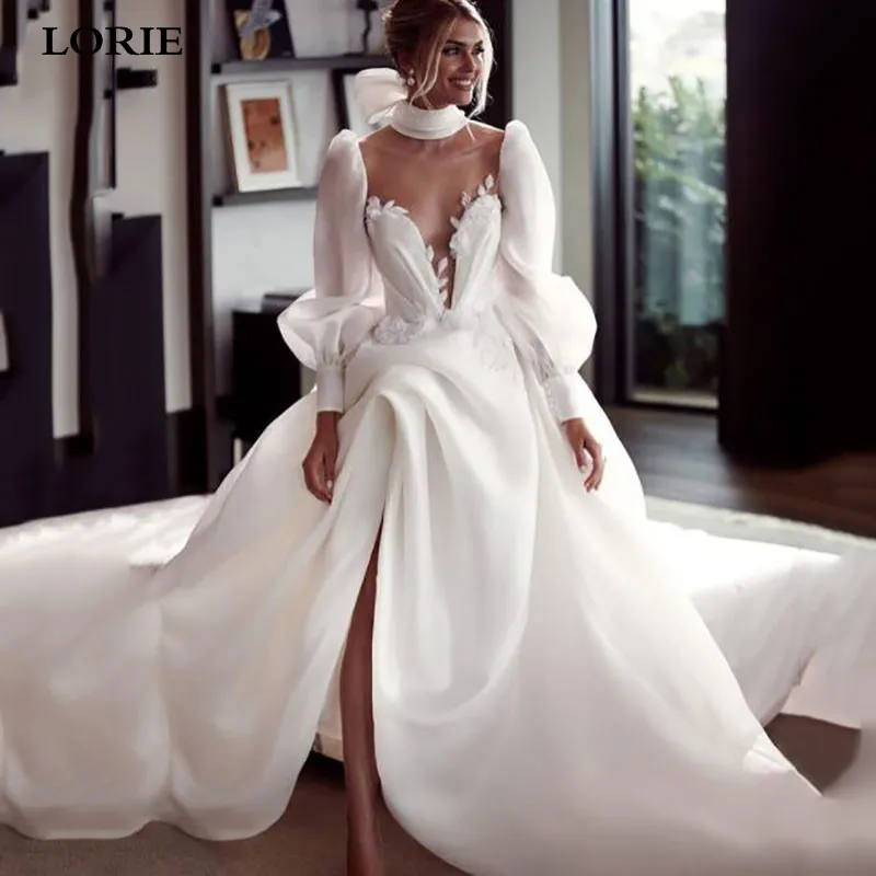 Lorie princesa vestidos de casamento puff manga longa uma linha de renda vestidos de noiva lado dividir branco marfim vestido de baile de casamento