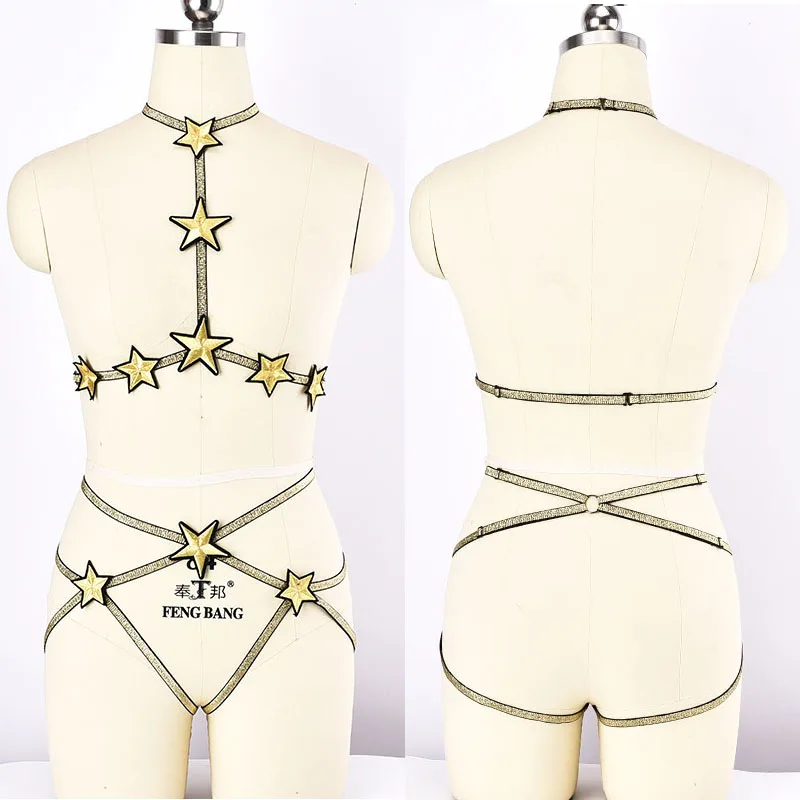 

Golden Pentagram Goth Harness Bra Set Pastel Goth Pole Dance Rave Body Harness Goth Elastic Adjust Bottom Pantie G-string