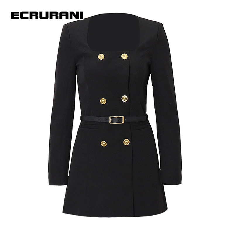 

ECRURANI Black Elegant Dress For Women Square Collar Long Sleeve High Waist Slimming Double Breasted Dresses Females 2021 Summer