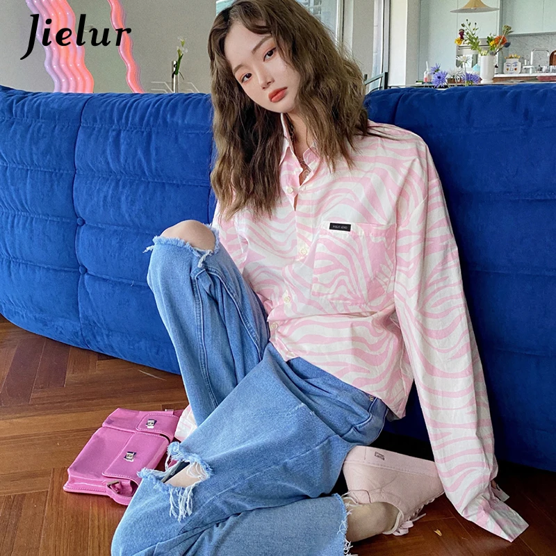 Jielur New Women's Shirt Loose Long Sleeve Blouse Turn-Down Collar Top Pink Blouses BF Pockets Vintage Shirt Blusa Feminina S-L