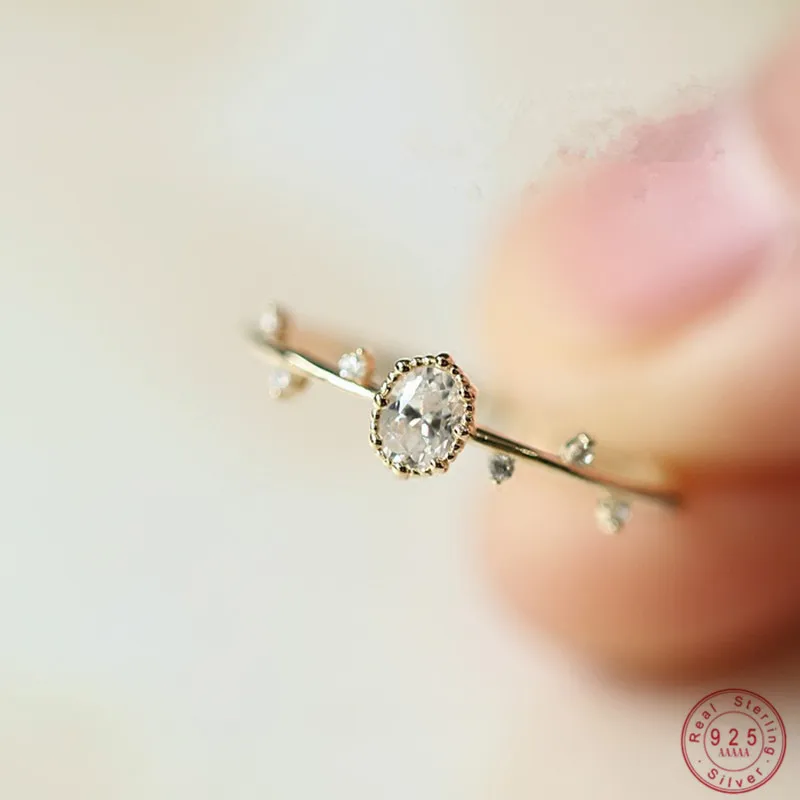 Korea Exquisite Inlaid Zircon Twigs Small Leaves Ring 925 Sterling Silver 14K Gold Plated Ring for Women Jewelry Gift