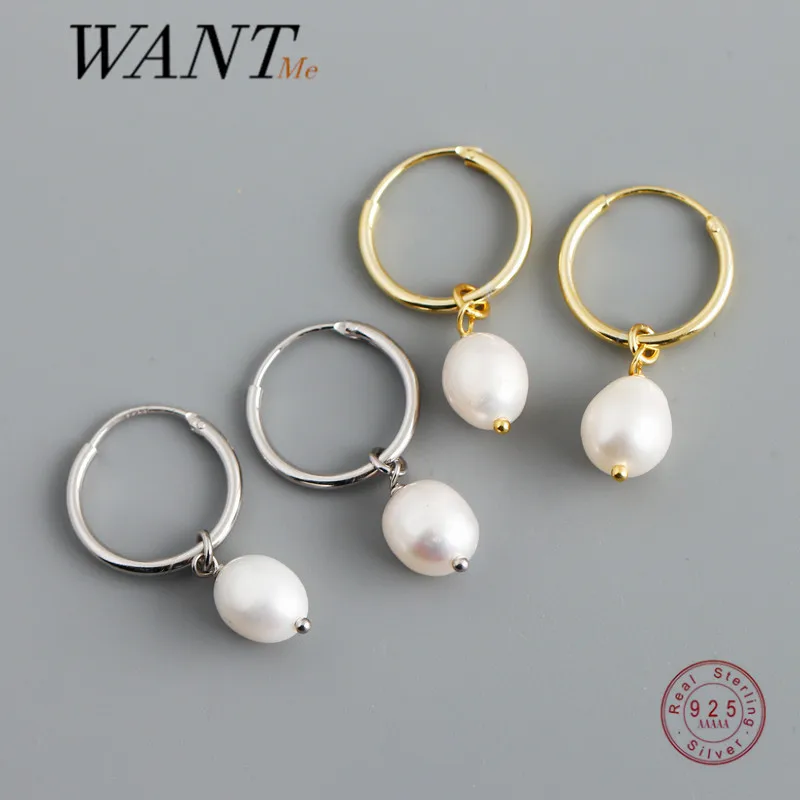 

WANTME Real 925 Sterling Silver Natural Freshwater Baroque Pearl Hanging Stud Earrings for Women Gothic Charming Fashion Jewelry