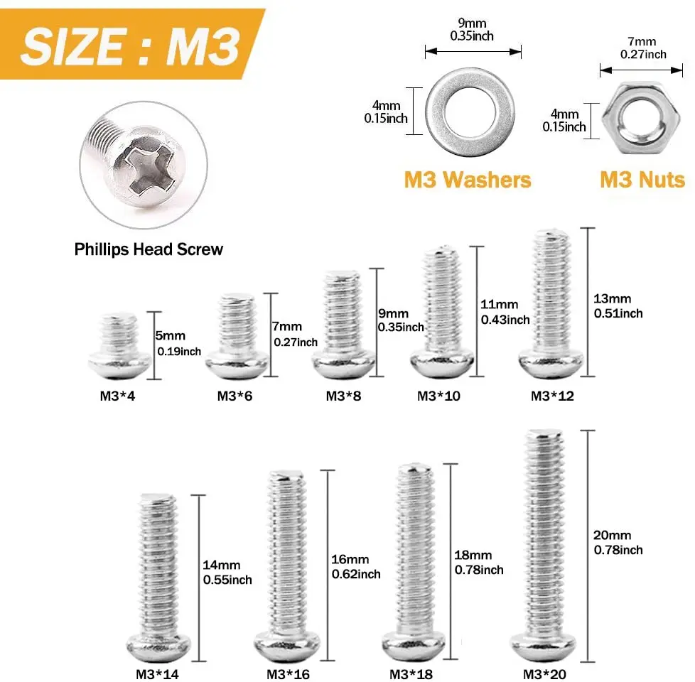 M3 M4 Screw Assortment Kit 304 Stainless Steel Machine Screws Phillips Pan Head Screws Bolts Nuts Lock Flat Washers,Socket Head