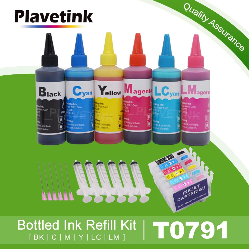 Plavetink T0791 Refillable Ink Cartridge For Epson Stylus Photo 1400 1500W P50 Artisan Printer + 6×100ml Bottle Refill ink Kit