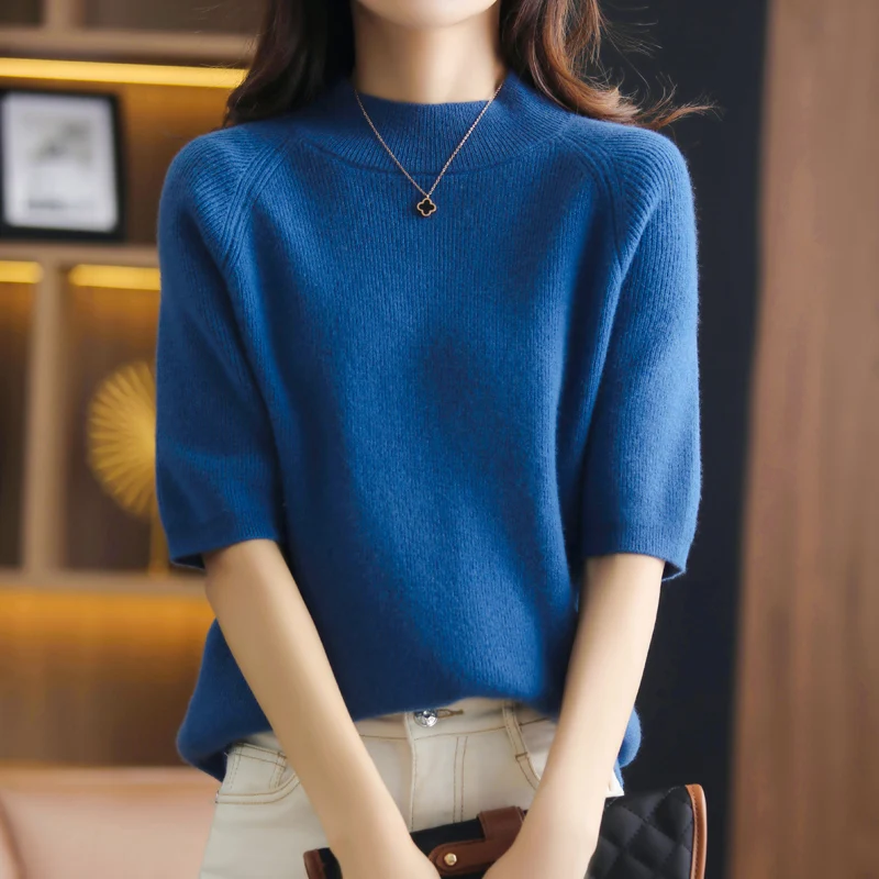 Women\'s Cashmere Half-high Collar Five-point Sleeve Knitted T-shirt Spring Autumn New 100% Pure Wool Half-sleeved Sweater Female