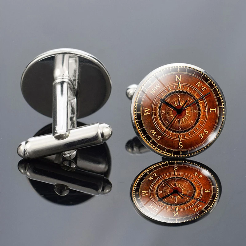 Vintage Compass Picture Print Cufflinks Men Fashion Wedding Cufflinks Suit Cuff Link Accessories Gift for Him (not real compass)