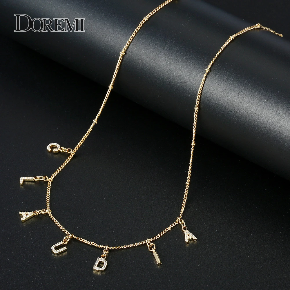 DOREMI Gold Crystal Personalized  Name Necklace with 6mm Letter Numbers Custom Copper Necklaces for Women Girl Pendant Choker