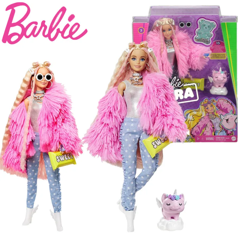 

Barbie Extra Doll Pink Fluffy Coat Extra-Long Crimped Hair Doll With Multiple Flexible Joint Toy Limited Edition Girls Toy GRN28