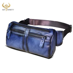 Famous Brand Real Cow Leather men Retro Blue Travel Crossbody Bag Design Fanny Waist Belt Bag Sling Chest Pack Bum Bag 811-49