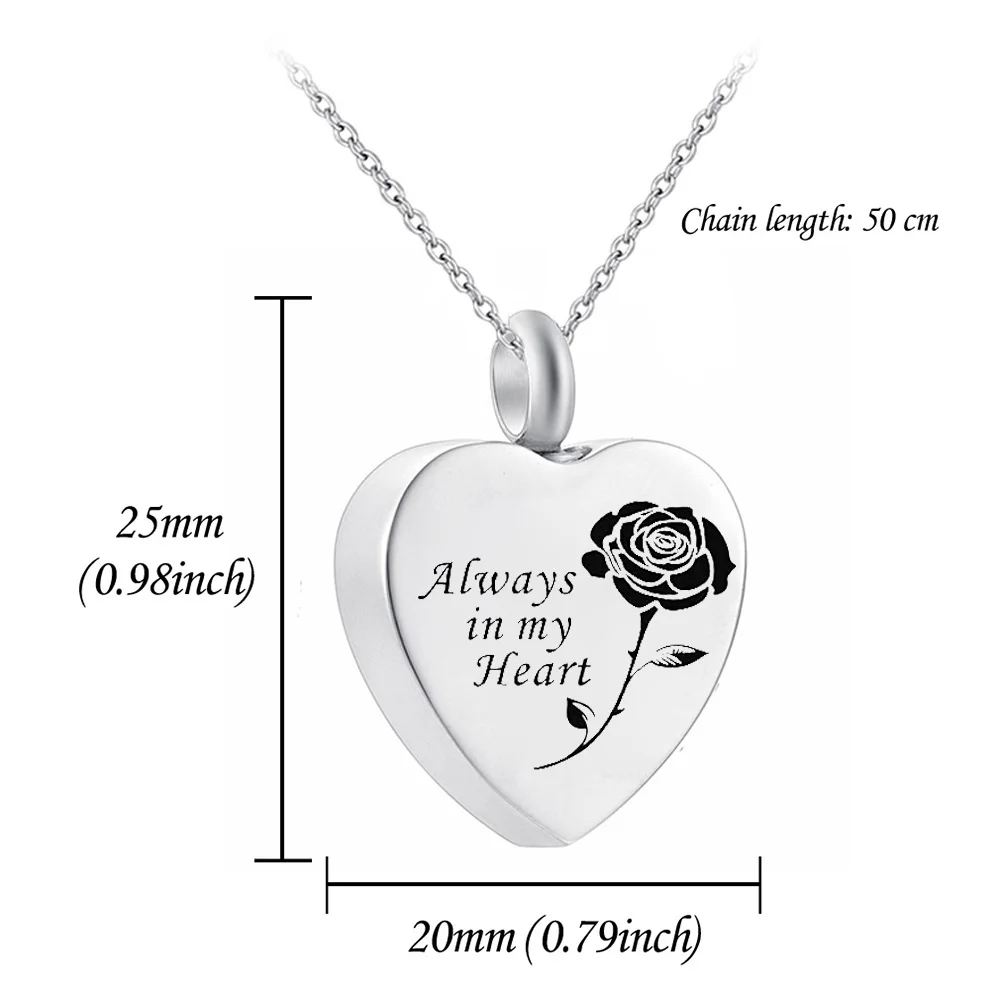 Stainless Steel Heart Shaped Loved Rose Flower Memorial Cremation Ash Urn Pendant Necklace-always in my heart