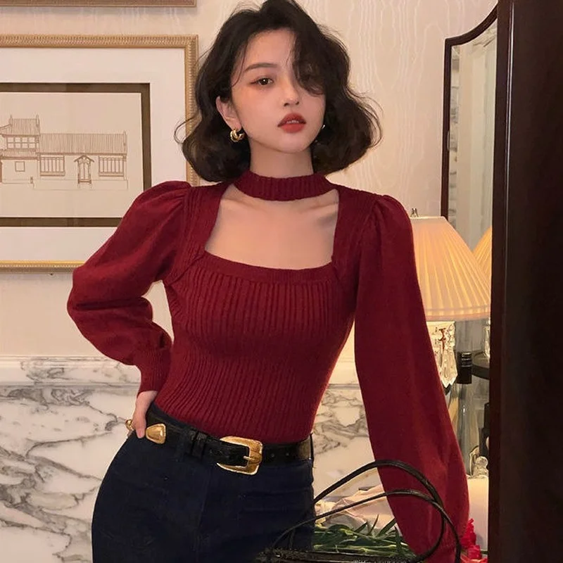 Pullovers Women Halter Inside Female Sweater Elegant Sexy Slim Popular Korean Retro Streetwear Trendy Leisure Soft Stretchy Kpop