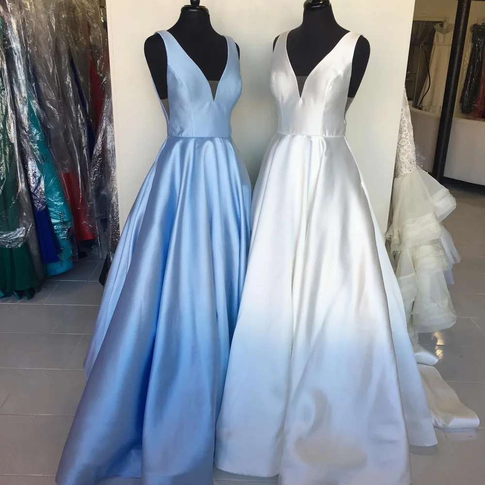 Baby Blue Prom Dress Deep V-neck Prom DressSatin Evening Dress Formal Dress Multicolor can be customized