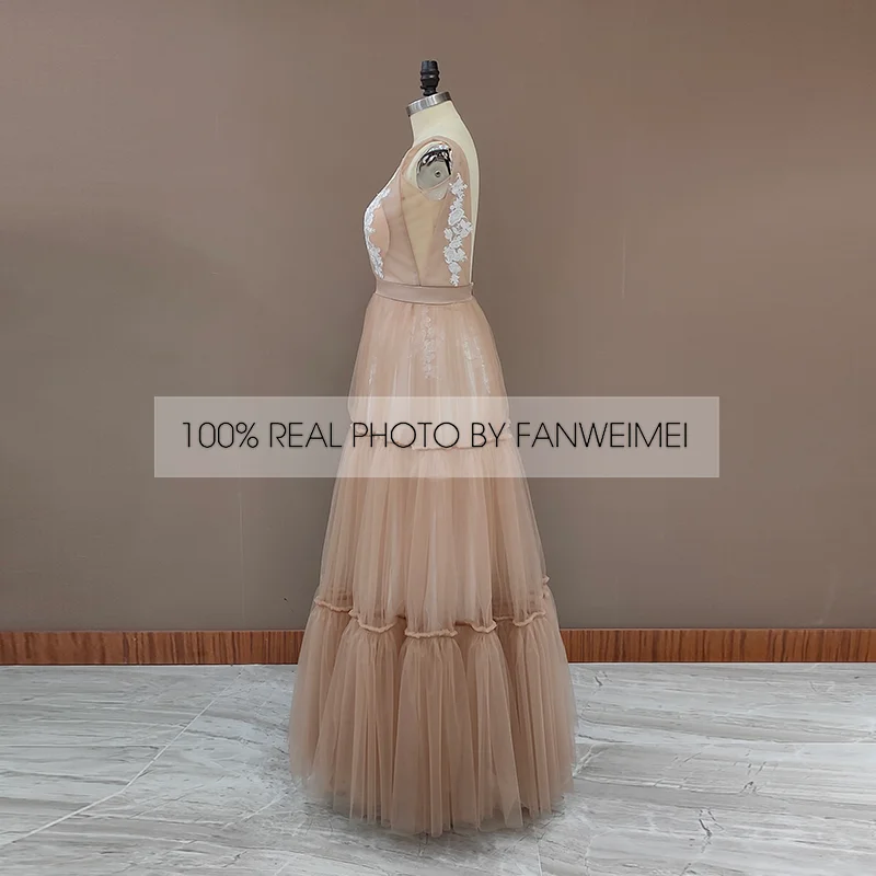 1333#Boho Deep Sexy V Neck Sleeveless Backless Bridal Beach Tulle Lace Floor Length A-Line Champagne Wedding Dress Bridal Gown