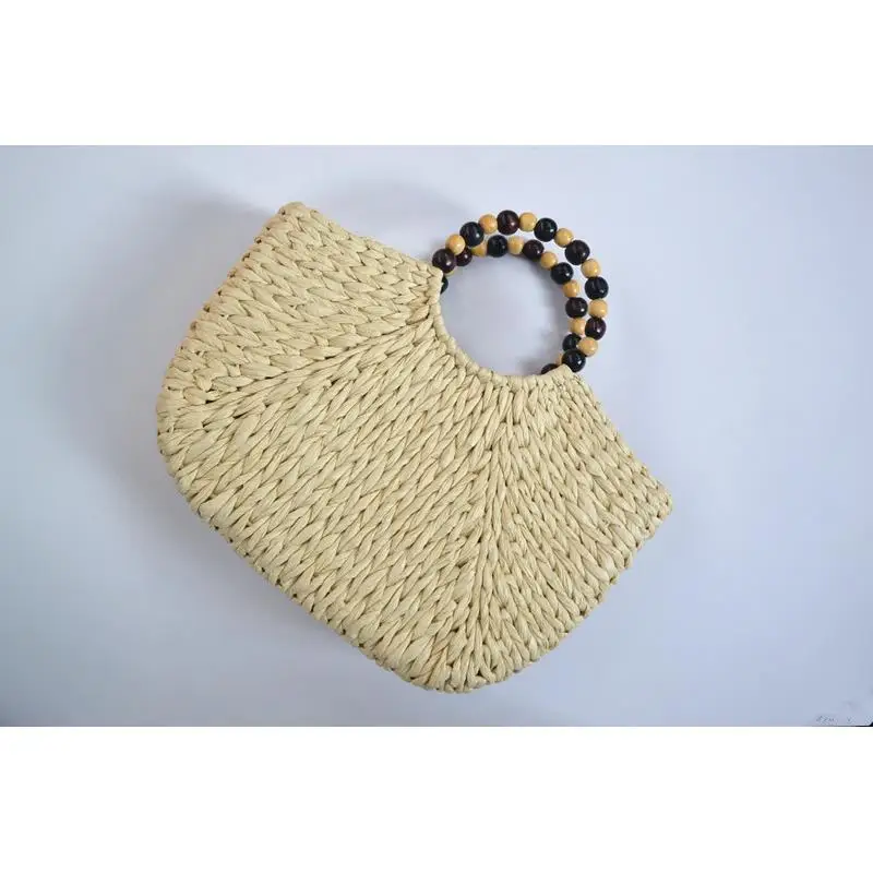 New Style Female Summer Straw Coated Gold Thread Mixed Bead Handle Round Bucket Bag Beach Bag a6232