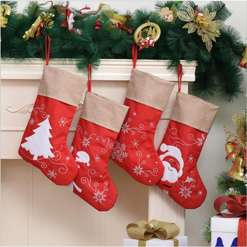 30pcs/Lot Xmas Stocking Gift Bag Decorations Pendant Sack Socks Ornaments Red Snowman Snowflake Christmas Supplies