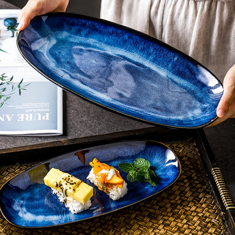 KINGLANG Japanese style kiln cat eye blue fish plate household steamed fish plate large glaze color creative sushi plate