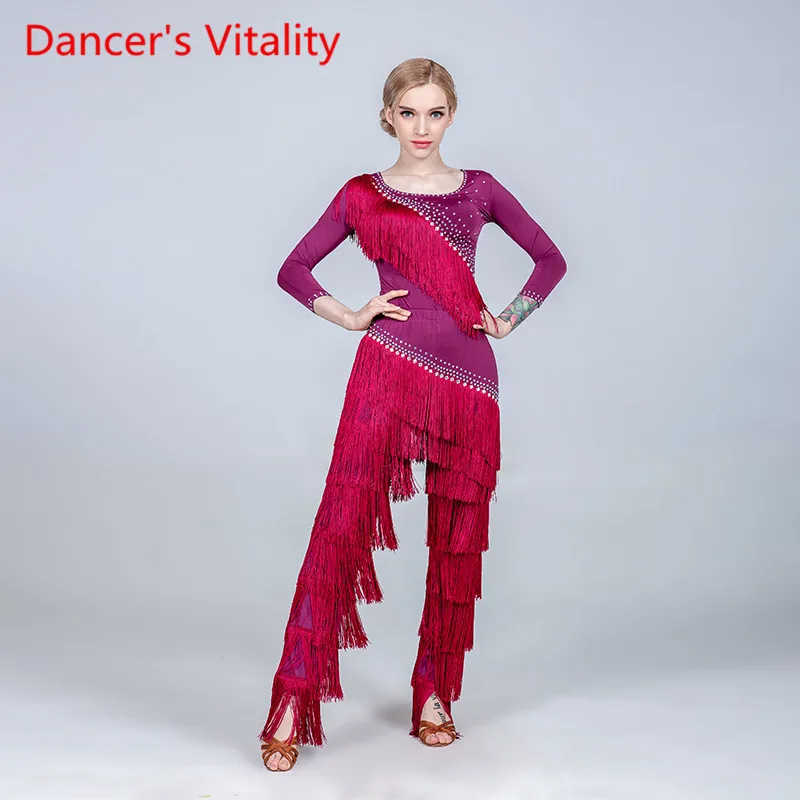 Women Tassel Glitter Rhinestone Top Pants Trousers Latin Dance Wear Rumba Samba Tango Cha Cha Dancing Competition Stage Outfits