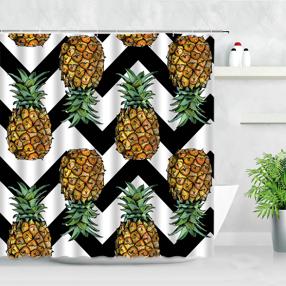 3D Tropical Fruit Shower Curtains Yellow Pineapple Green Leaf White Fabric Waterproof With Hooks Home Decor Bathroom Curtain Set