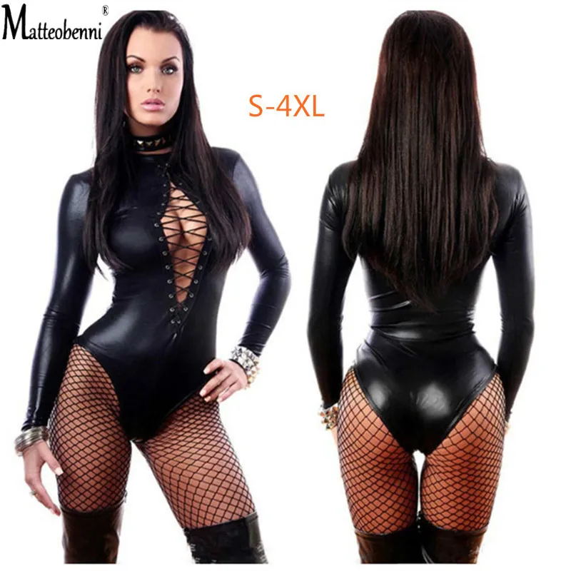 

Sexy Latex Bondage Bodysuit Lady Teddy Lingerie Women Sexy Costumes Exotic Jumpsuit Clothes Faux Leather Catsuit Dress Costumes