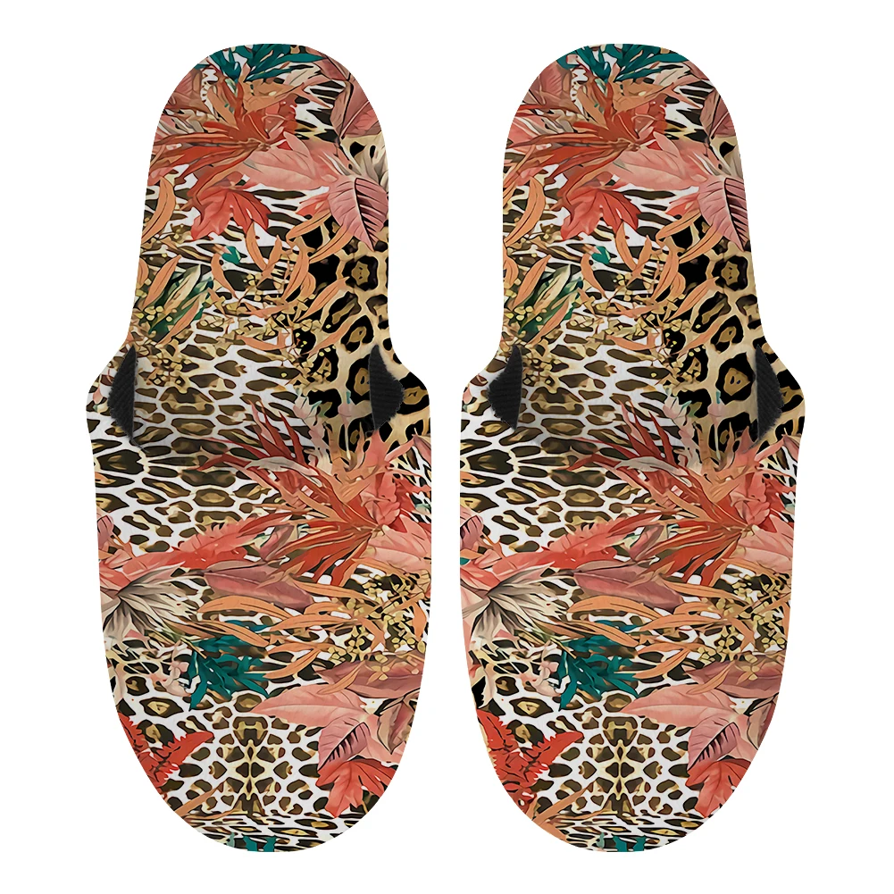 Noisydesigns Thick Soft Bottom Non-slip Home Mens Slippers Autumn Winter Indoor Leopard Flowers Leaf Print Cotton Slippe