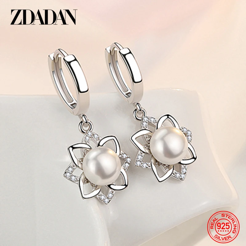 ZDADAN 925 Sterling Silver Vintage Floral Pearl Drop Earrings For Women Fashion Wedding Jewelry Gift