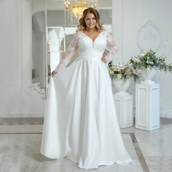 White Satin Wedding Dress Long Sleeve Plus Size For Woman V Neck Button Floor Length Bridal Gown  A Line Lace Свадебное платье