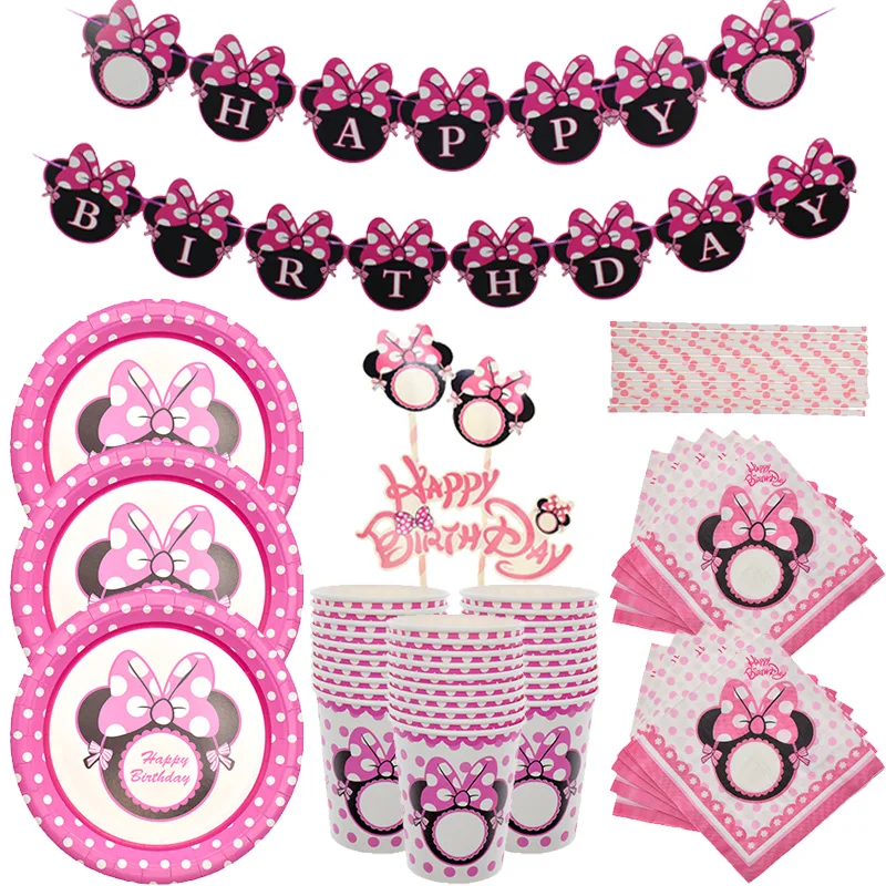 Minnie Mouse Girl Disposable Tableware Set Children's Favorite Happy Birthday Party Supplies Baby Shower Wedding Decoration