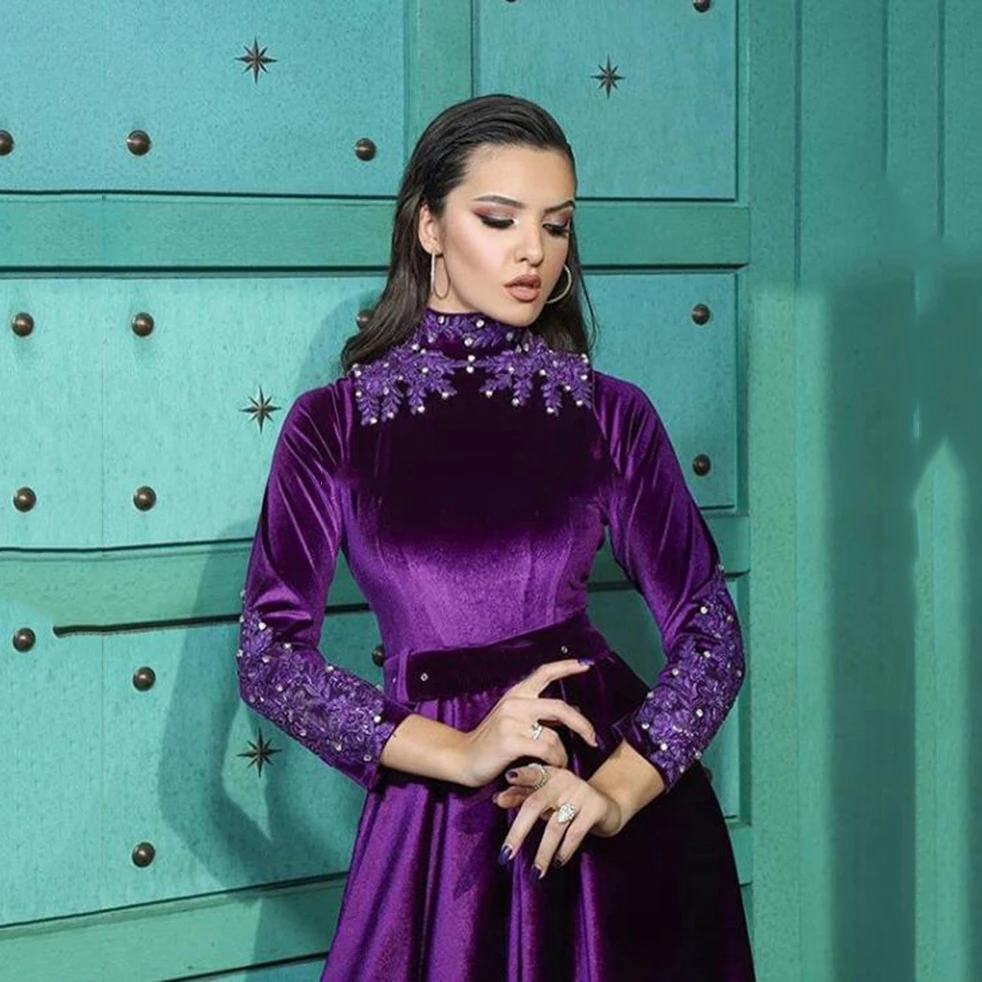 Robe De soirée musulmane à col haut, en velours violet perlé, Kaftan De dubaï, arabie saoudite, robes De bal formelles, 2023