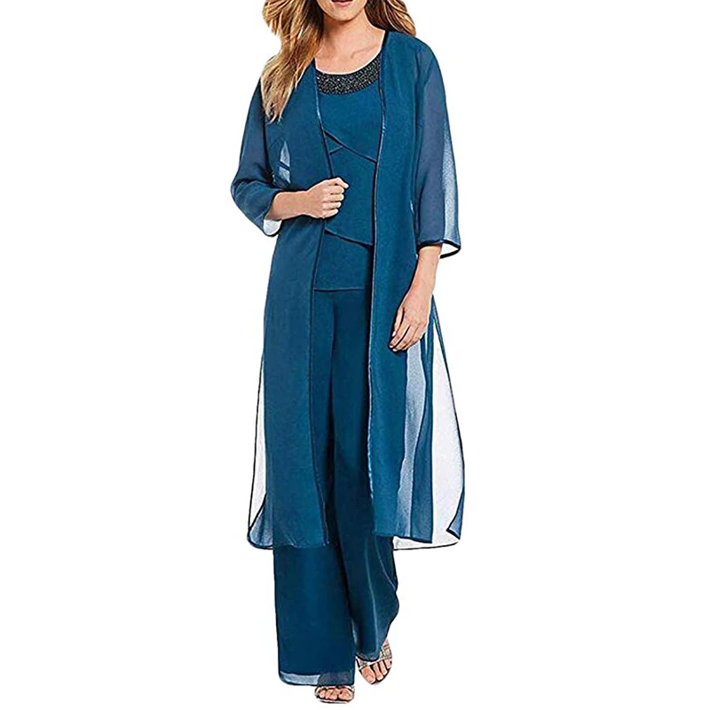 Mãe da noiva vestido longo chiffon cristal outfit 3/4 mangas calça terno 3 peças com jaqueta para casamento vestido de festa 2020