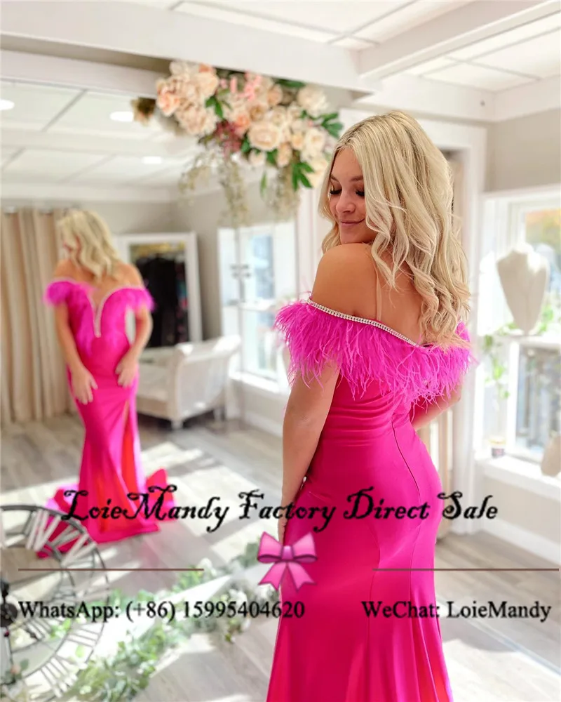 Fuchsia Meerjungfrau Prom Kleider Lange 2022 Luxus Federn Abendkleid Party Kleider Mit Seite Split Trompete Vestidos de fiesta