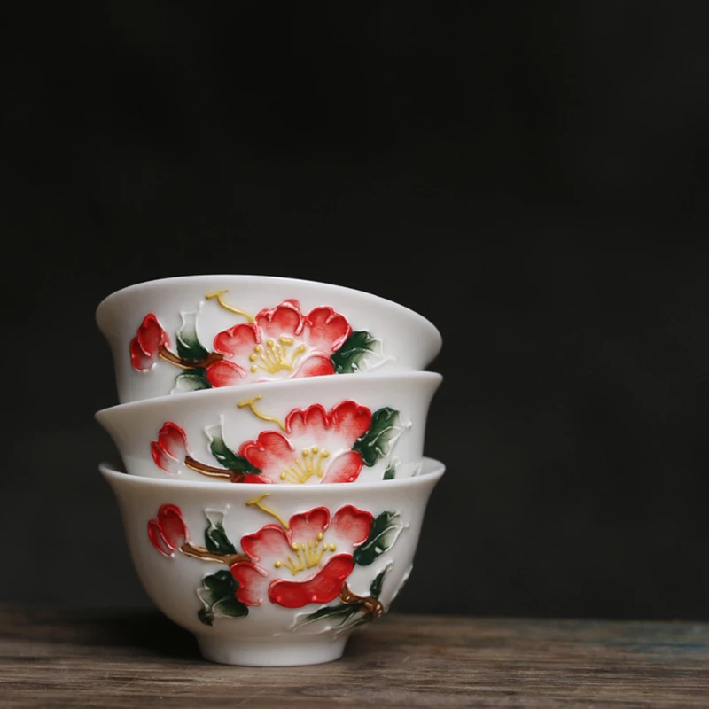 Old Style Fengxi Rose Ceramics, Hand-painted, High Temperature, Kung Fu Teacup, Underglaze Relief, No. YZ68