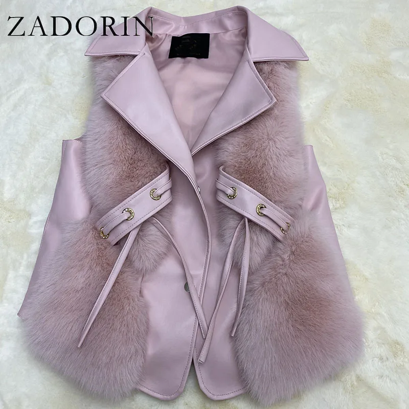 ZADORIN New Luxury Faux Fox Fur Vest Women Turn Down Collar Faux Leather Patchwork Cropped Faux Fur Coat Pink White Jacket