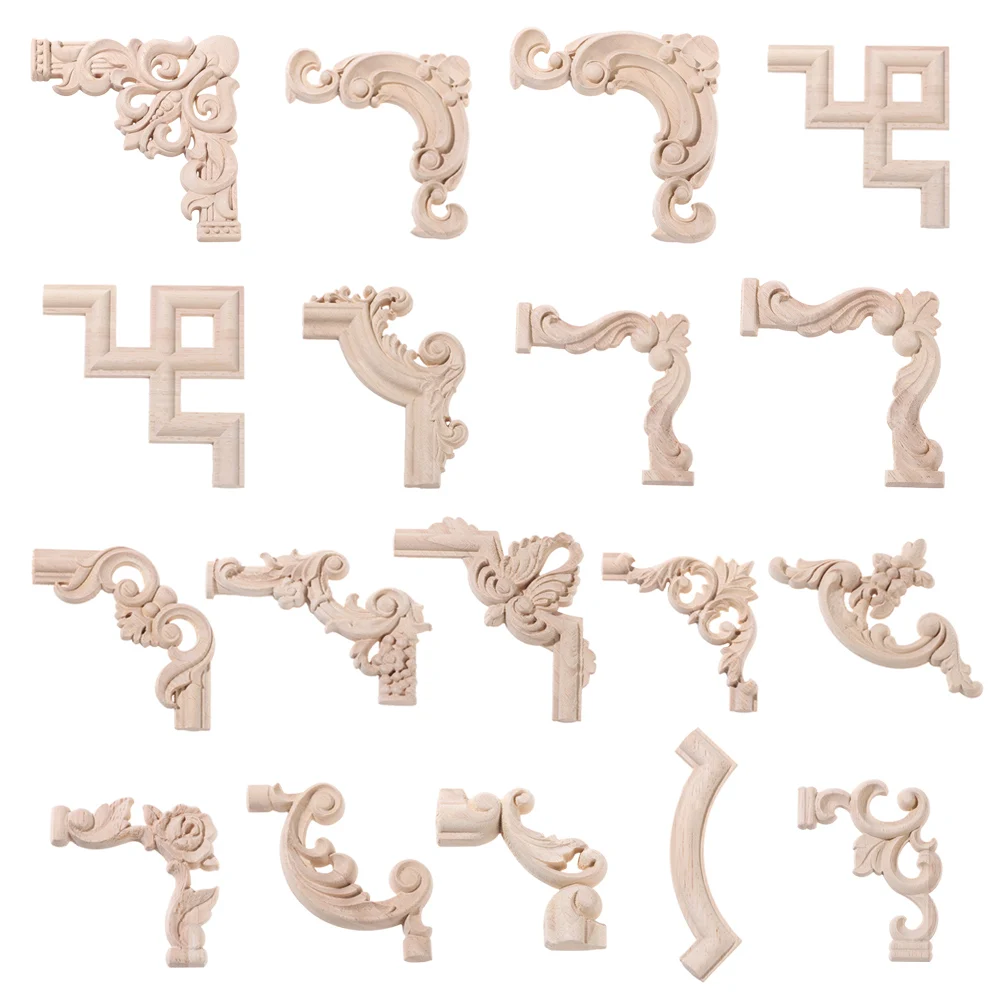 Vintage Rectangle Carving Natural Wood Appliques For Furniture Cabinet Unpainted Wooden Mouldings Decal Decoration Accessories