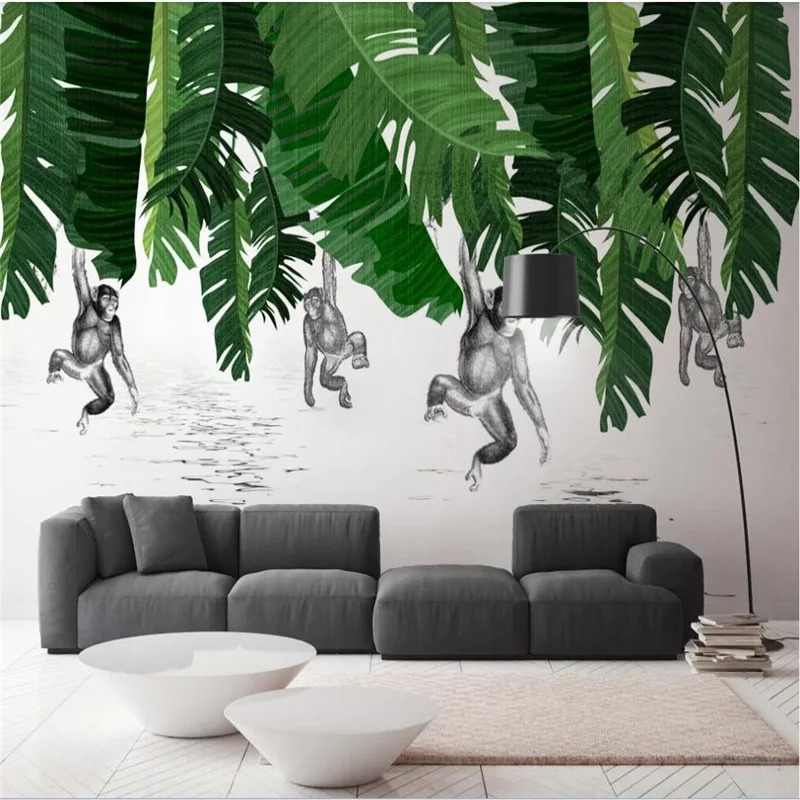 

Custom wallpaper Nordic modern minimalist banana leaf monkey plant background wall-high-grade waterproof material